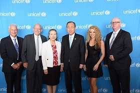 Dr. Jack Shonkoff, of Harvard University; UNICEF Executive Director Anthony Lake; Madame Yoo Soon-taek; UN Secretary-General Ban Ki-moon; Shakira; and Matthew Bishop, of The Economist