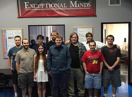 Shane McKaskle, center, and the other artists at Exceptional Minds school of young adults with autism